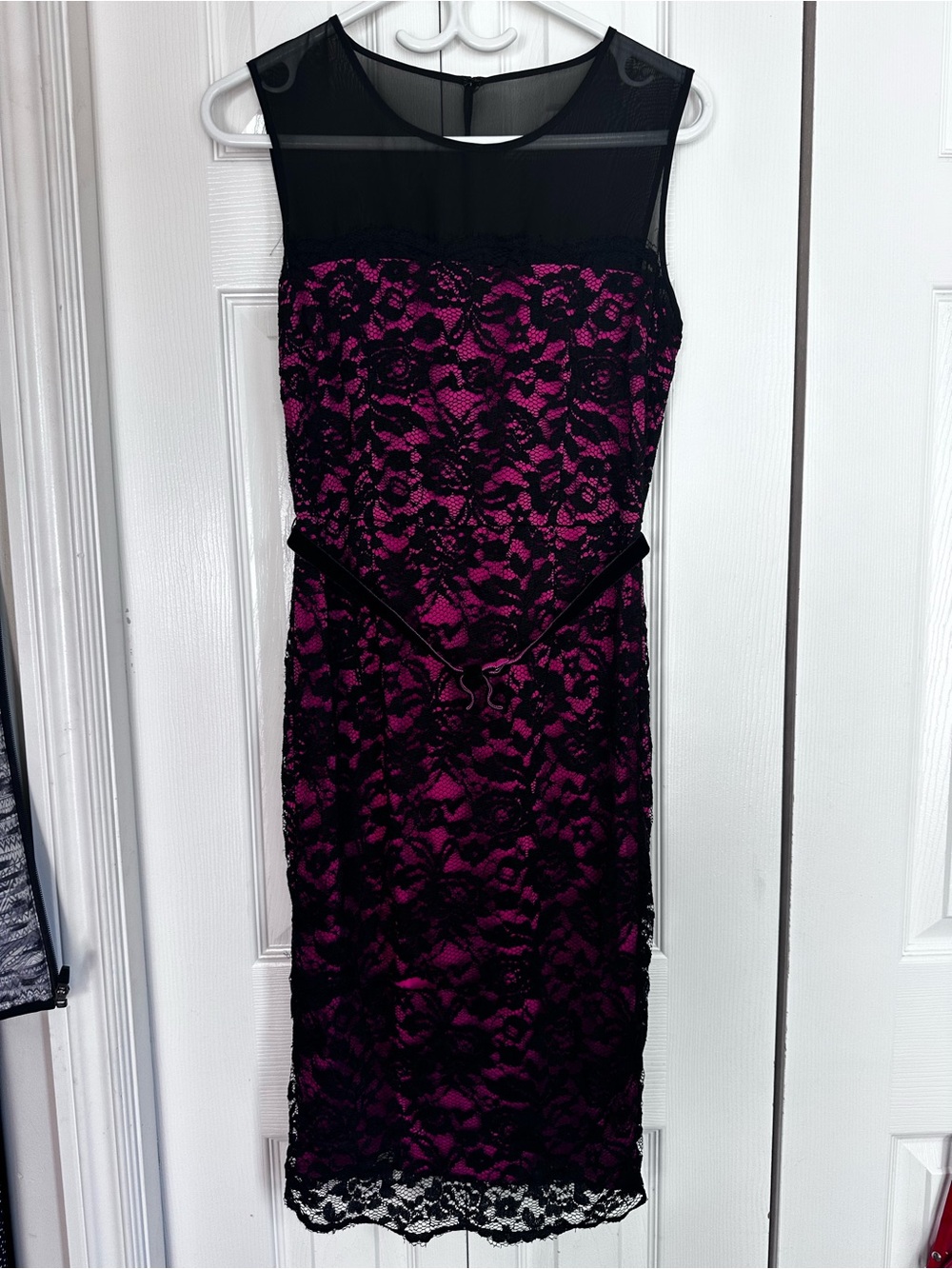 VENUS Black Lace Midi Dress with Magenta Underlay #21